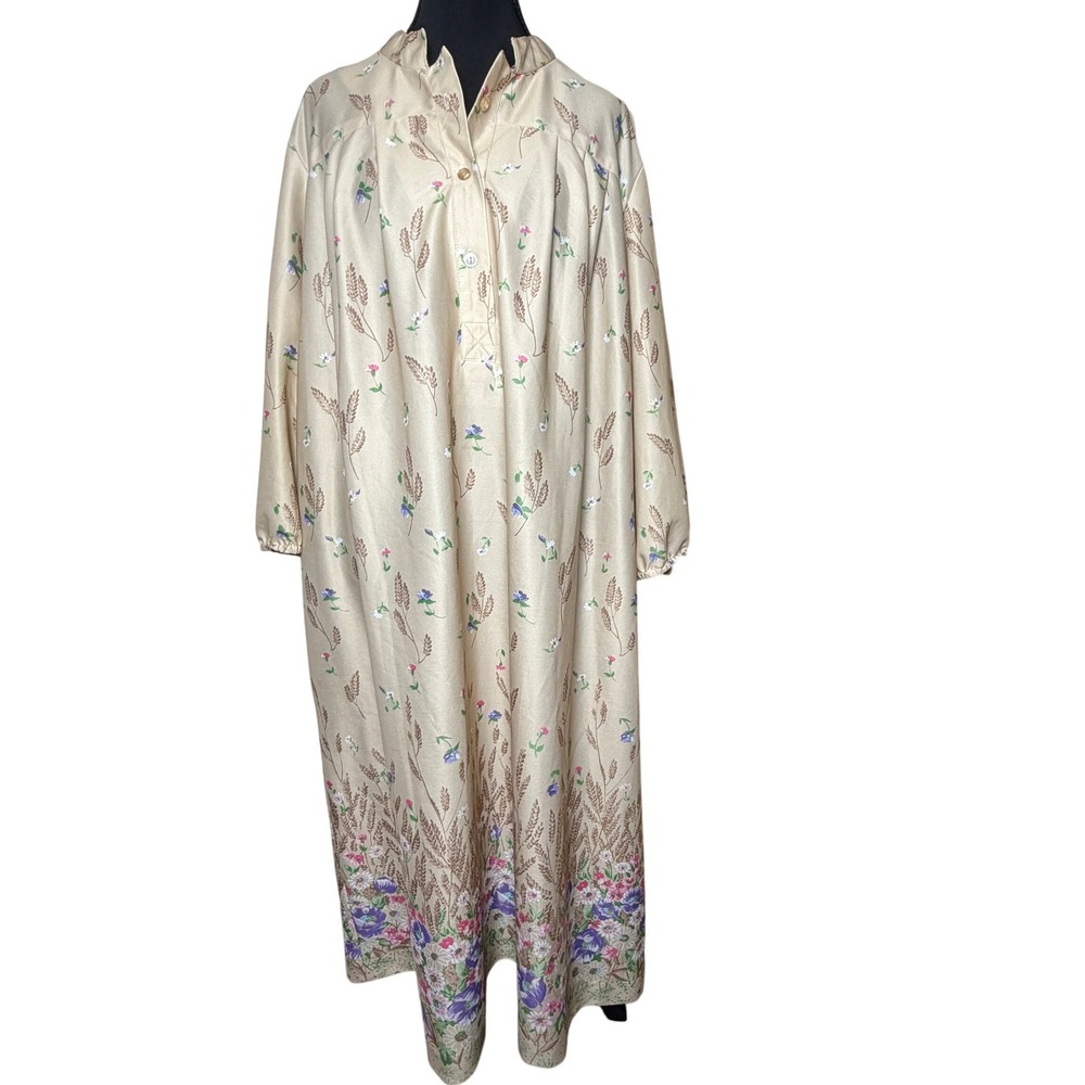 Vintage Tan Floral Wheat Long Sleeve‎ Nightgown Loungewear Women XL Granny READ
